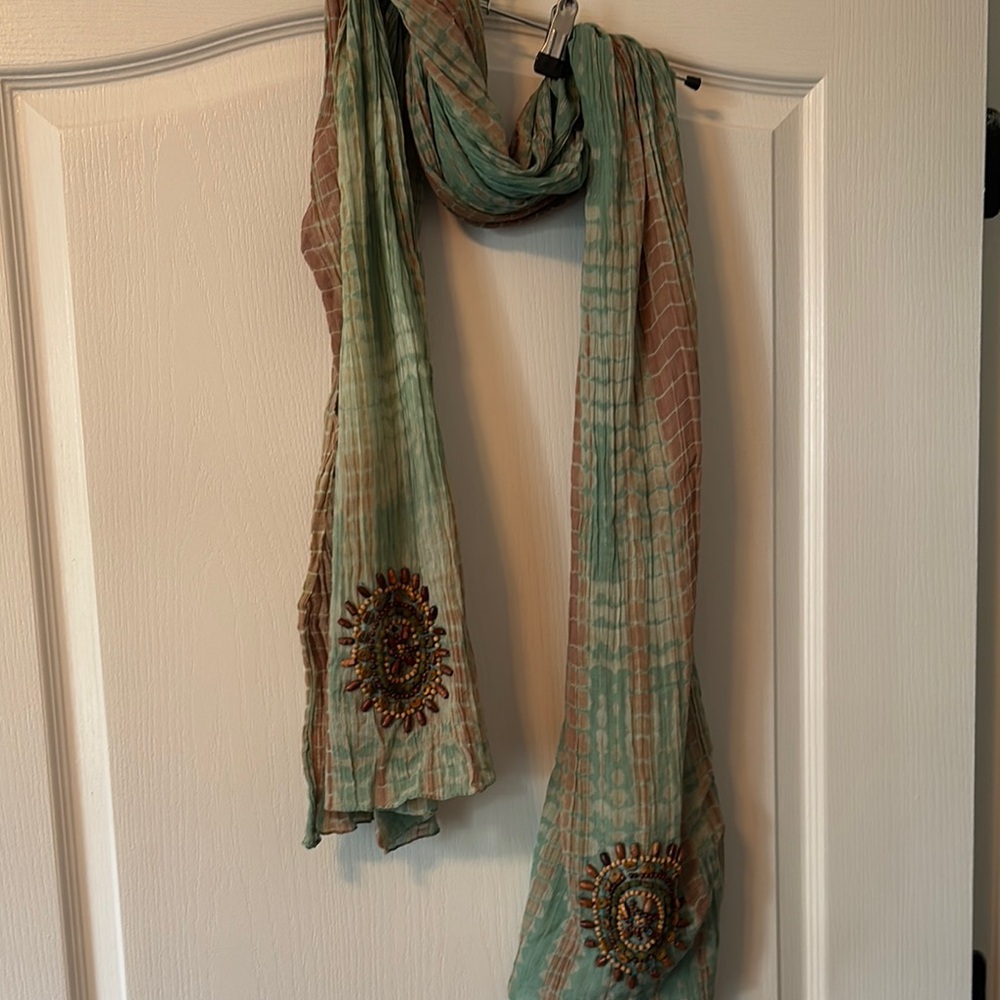 Elegant Green and Brown Scarf with Beaded Accents